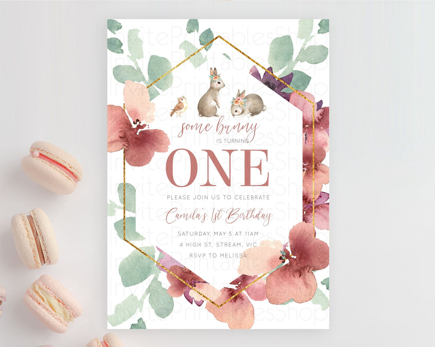 Bunny Birthday Invitation Floral Bunny Invitation Pastel Bunny Invites Pastel Watercolor Woodland Bunny Party 2nd 1st First Birthday D11033