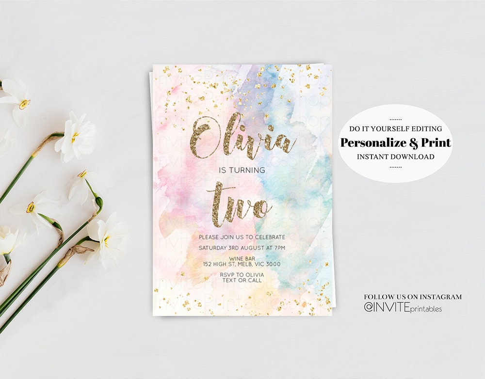 Rainbow Birthday Invitation Glitter Pastel Invitation Colorful Watercolor Gold Foil Splatter Sprinkles Ombre 1st 2nd 3rd Editable Invite 276