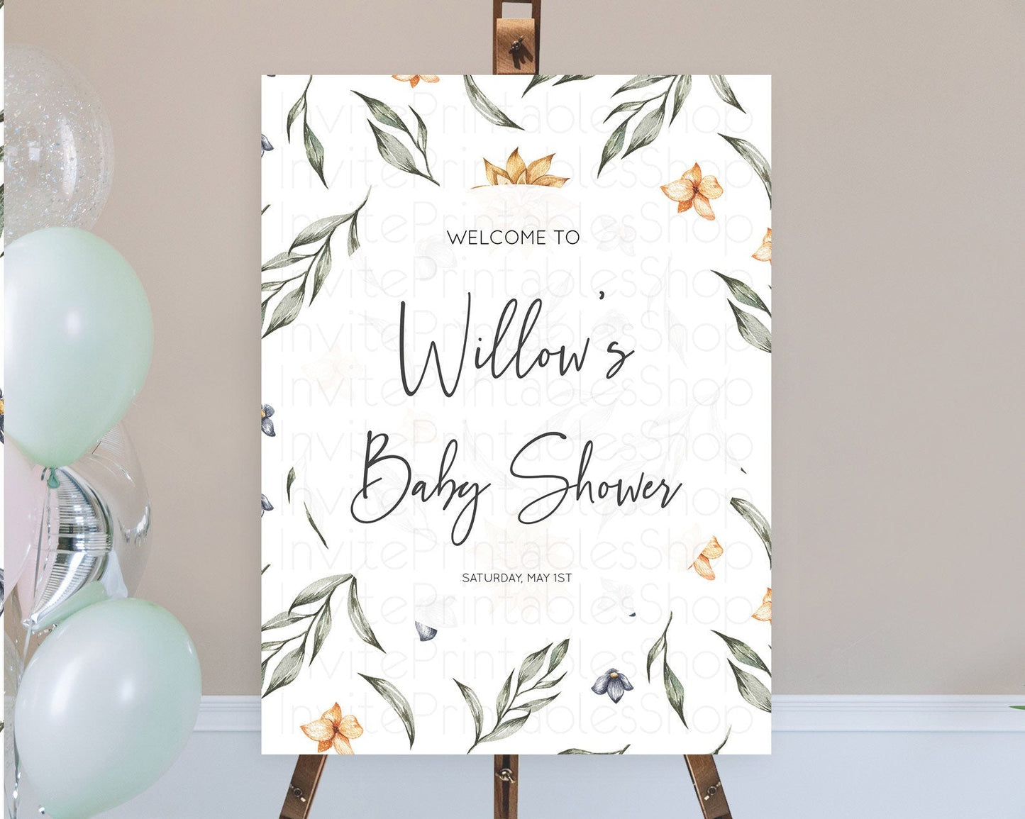 Leafy Baby Shower Welcome Sign Green Leaf Welcome Board Greenery Eucalyptus Fern Spray Leaves Watercolor Boho Garden Welcome Sign D10544