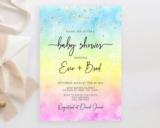 Pastel Baby Shower Invitation Rainbow Baby Shower Invitation Colorful Pastel Watercolor Invitation Gold Glitter Sprinkles Ombre D10480