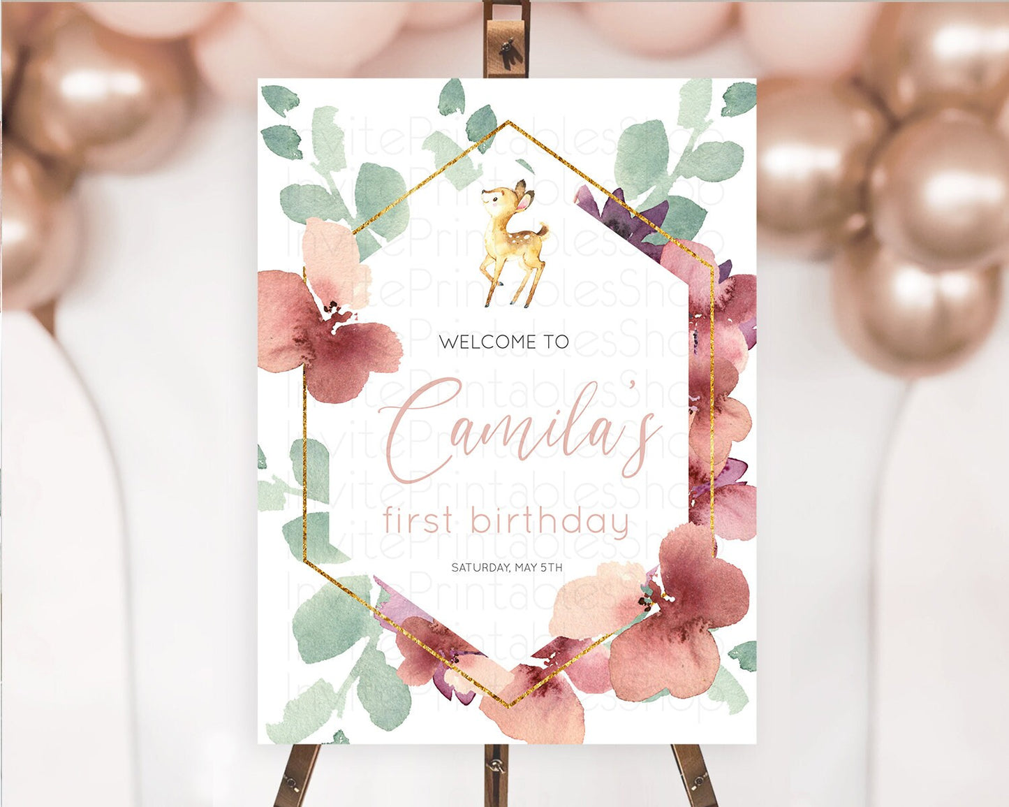 Fawn Welcome Sign Deer Welcome Board Floral Deer Welcome Poster Enchanted Forest Butterfly Pastel Floral First Birthday Welcome Sign D10915