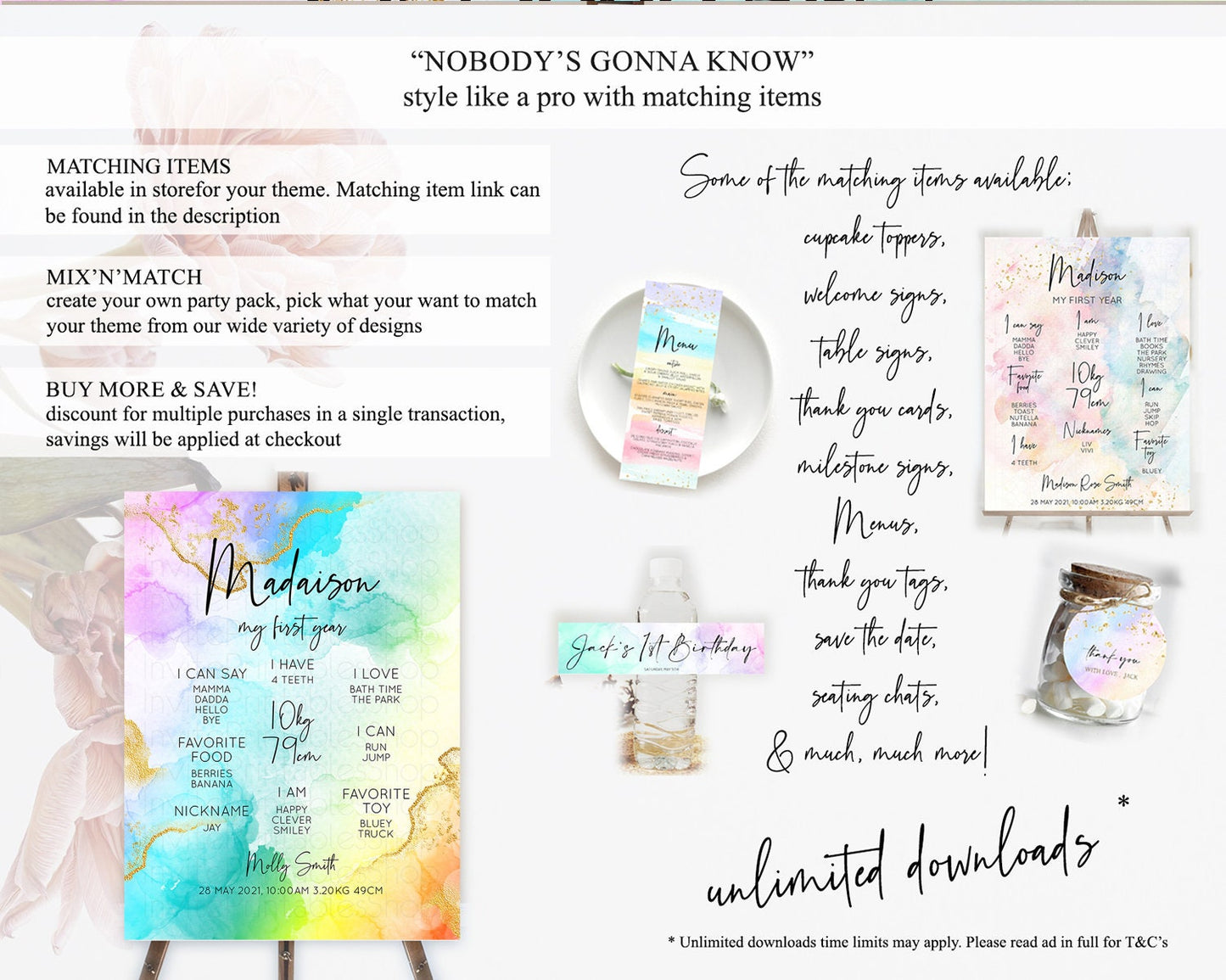 Pastel First Birthday Milestone Board Pastel Rainbow Milestone Poster Colorful Confetti Watercolor Glitter 1st Birthday Welcome Sign D10390