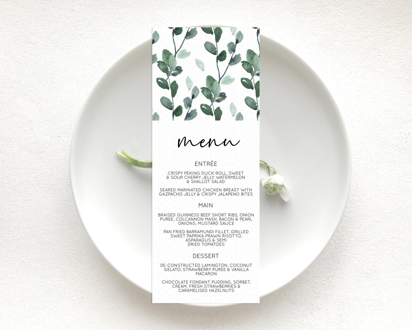 Leafy Menu Green Leaf Menu Template Eucalyptus Fern Leaves Decor Watercolor Boho Garden Leaf Branch Dinner Dessert Party Food Menu D11059
