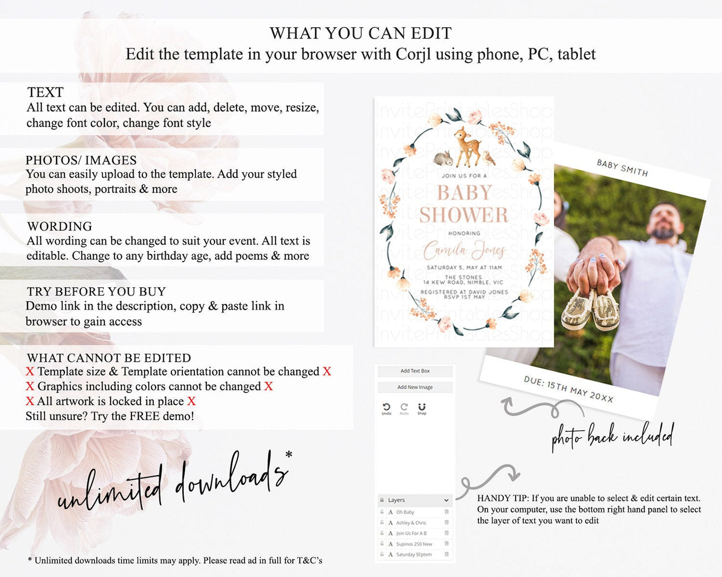 Fawn Baby Shower Invitation, Enchanted Forest, Deer, Bunny, Woodland, Pastel Flowers, Floral Crown, Organic Orange Pink Green Tone D10241
