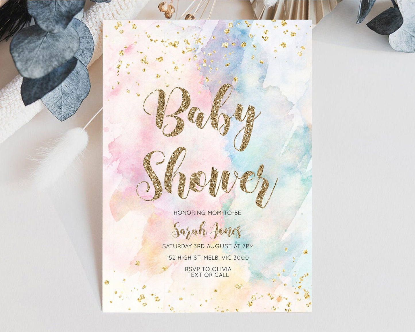 Rainbow Baby Shower Invitation Pastel Baby Shower Invitation Watercolor Ombre Invitation Rainbow Pastel Colors Invite Glitter Confetti 276