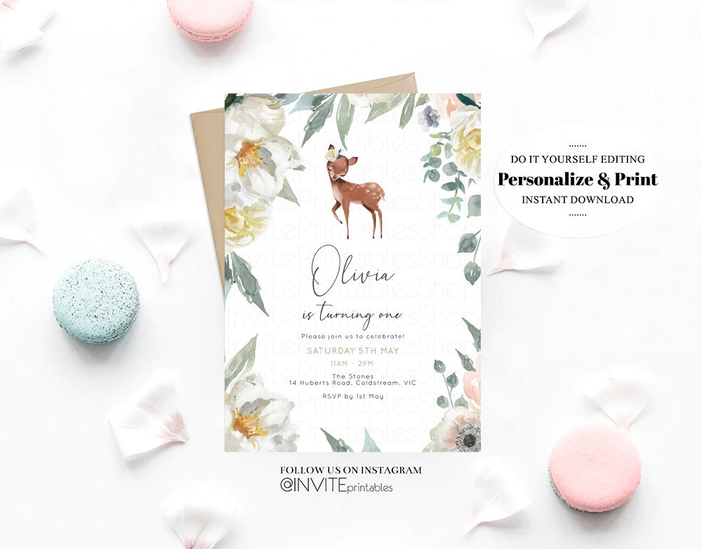 Deer Birthday Invite Baby Deer Invite Deer Invite Forest Friends Invite Pastel Floral Invite Glitter Invite White Floral Garden Invite 112