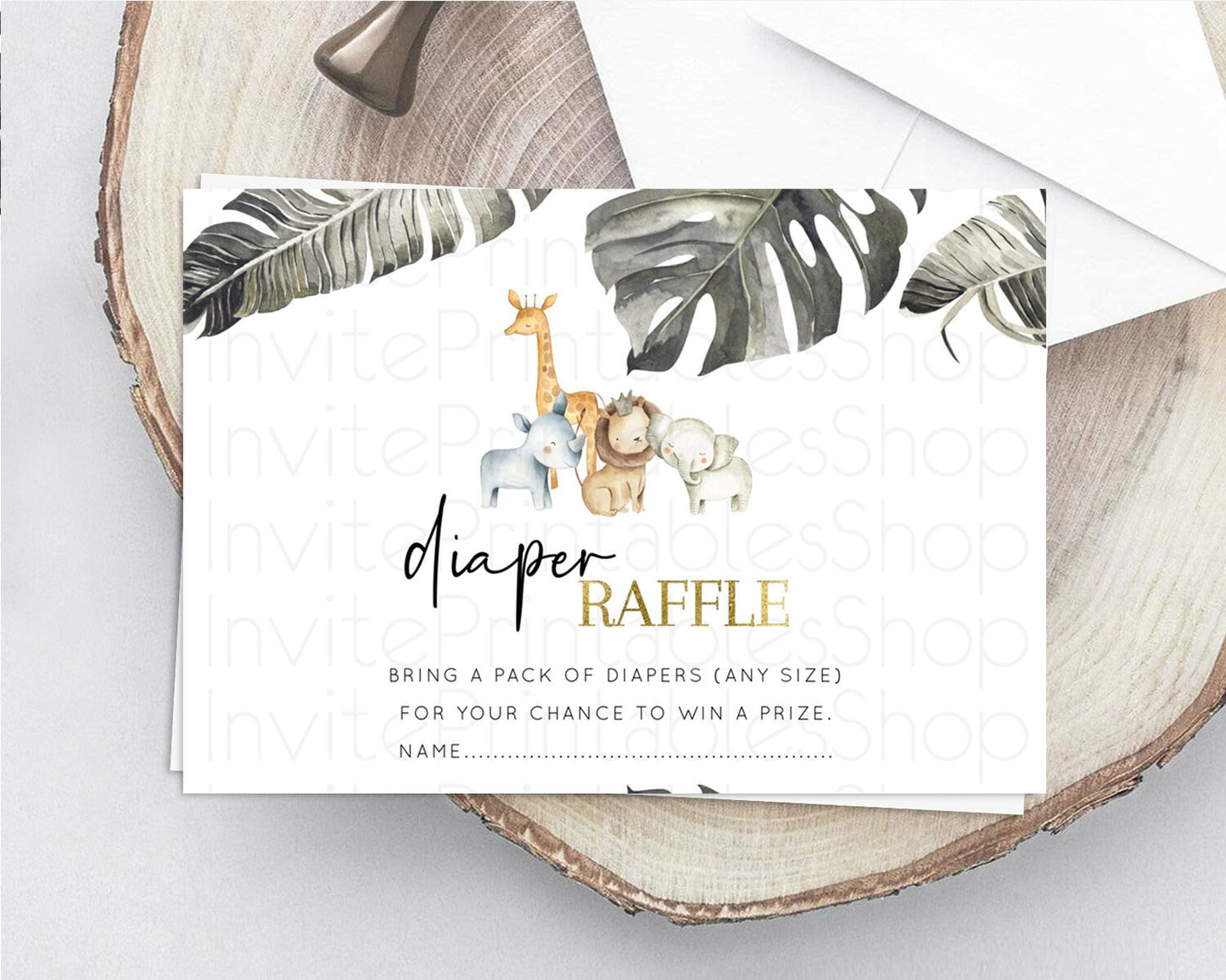 Safari Diaper Raffle Card Safari Diaper Raffle Insert Lion Gorilla Elephant Rhino Diaper Ticket Tropical Palm Zoo Raffle Game D10599