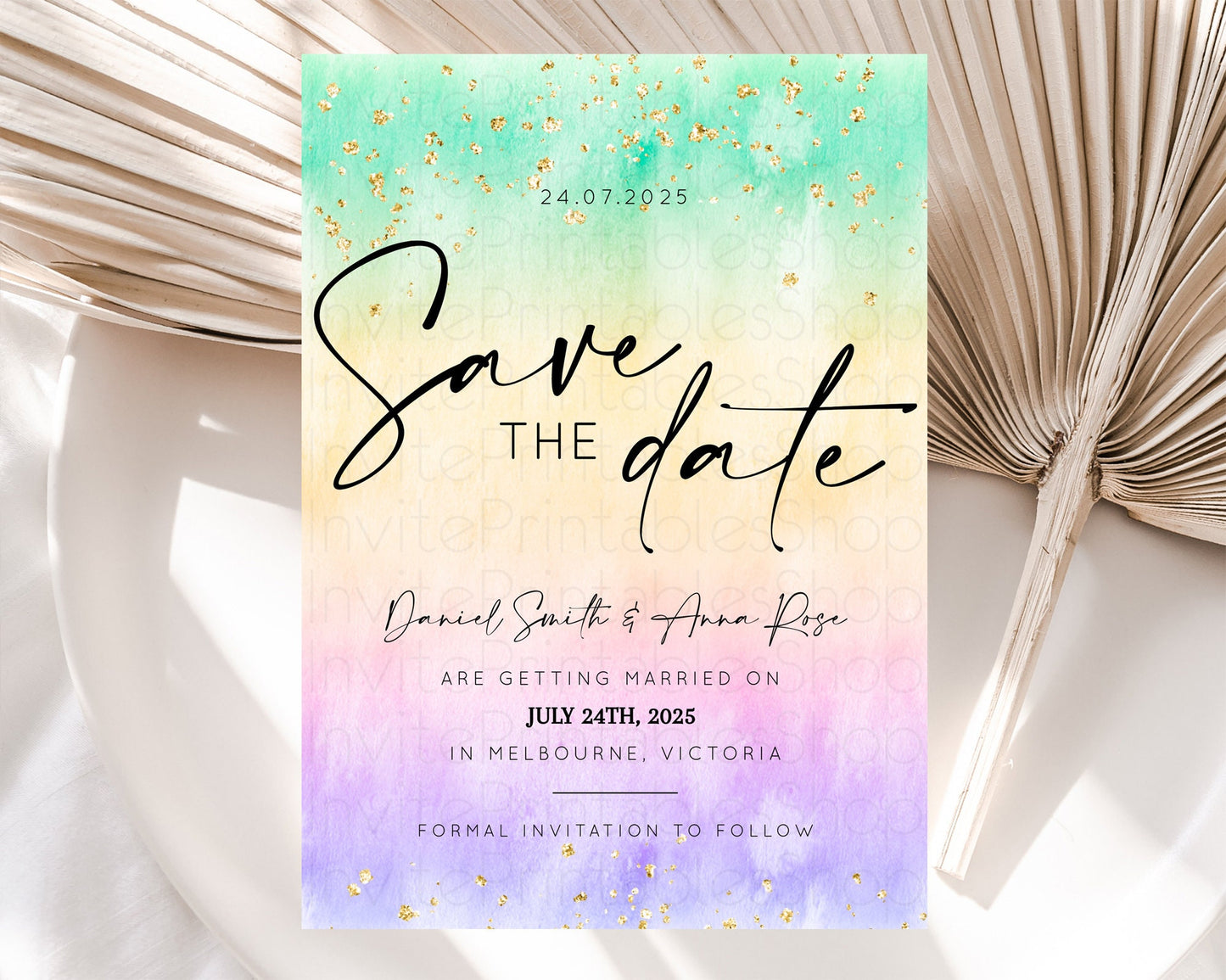 Pastel Save The Date Template Pastel Ombre Rainbow Watercolor Colorful Party For Birthday Baptism Baby Shower Wedding Bridal Shower D10481