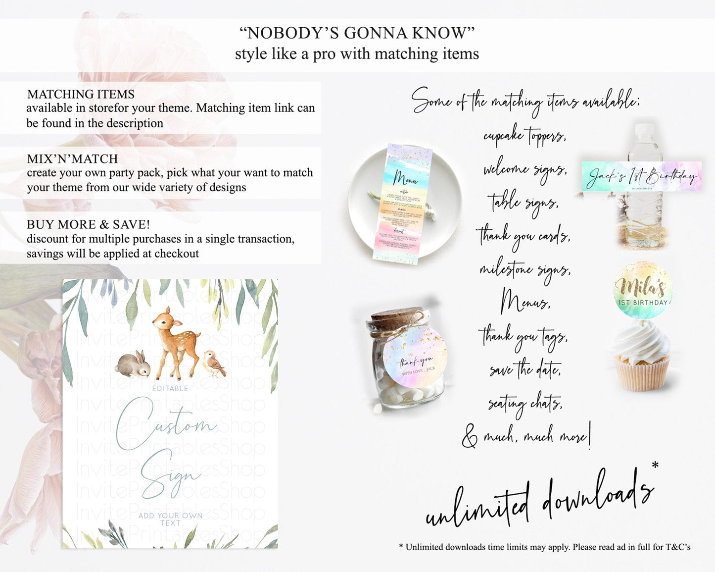 Fawn Deer Sign Pastel Floral Deer Table Sign Decor Enchanted Forest Butterfly Party 1st Birthday Baptism Baby Shower Bridal Shower D10919
