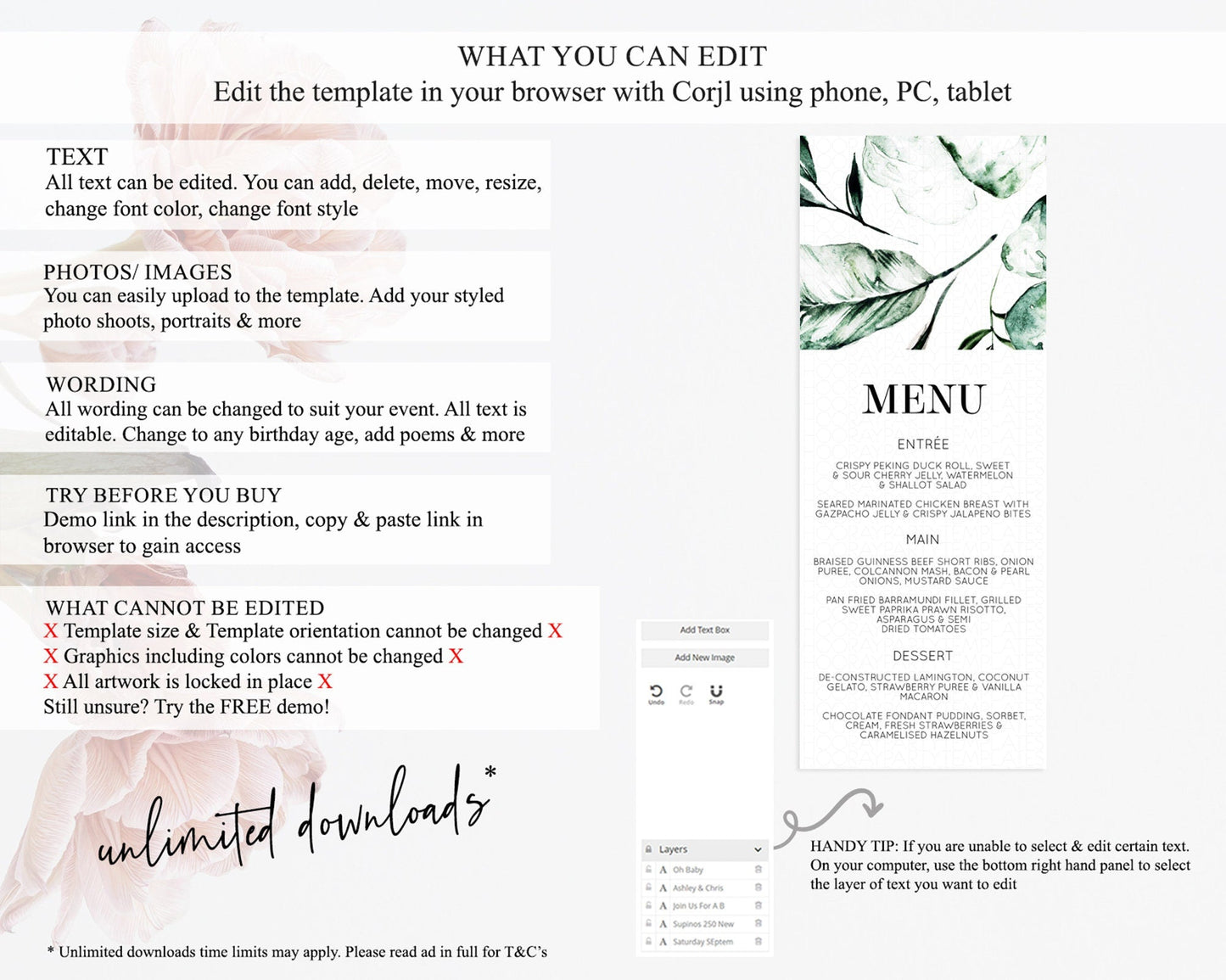 Tropical Menu Template Tropical Menu Palm Leaf Fern Table Decor Frangipani Floral White Orchid Dinner Dessert Menu Party Food Menu D11063