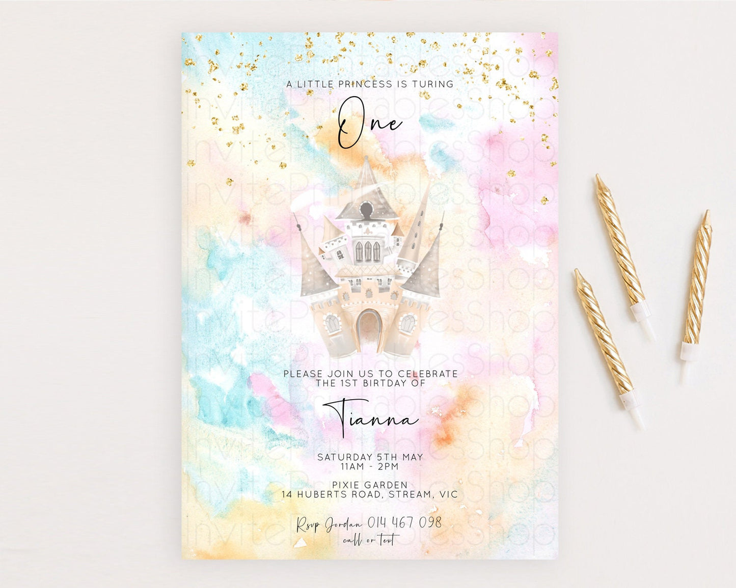 Princess Birthday Invitation Princess Invitation Pastel Invitation Royal Birthday Rainbow Color Enchanted Castle 1st First Birthday D11029