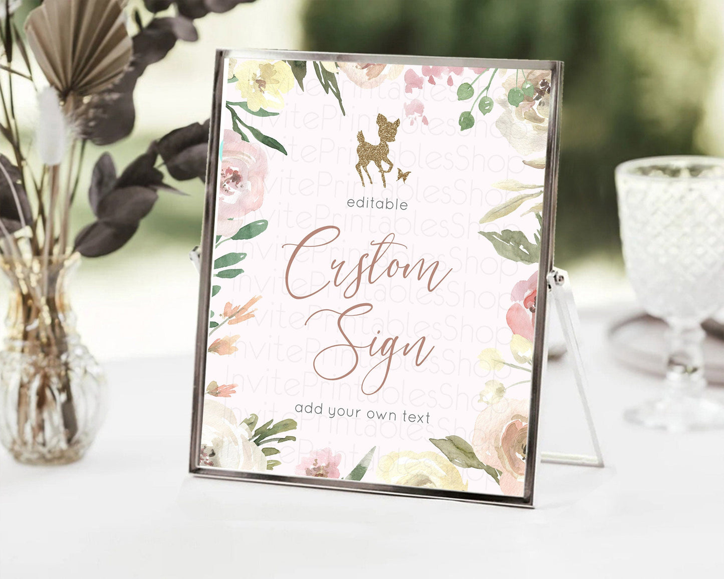 Fawn Deer Sign Pastel Floral Deer Table Sign Decor Enchanted Forest Butterfly Party 1st Birthday Baptism Baby Shower Bridal Shower D10193
