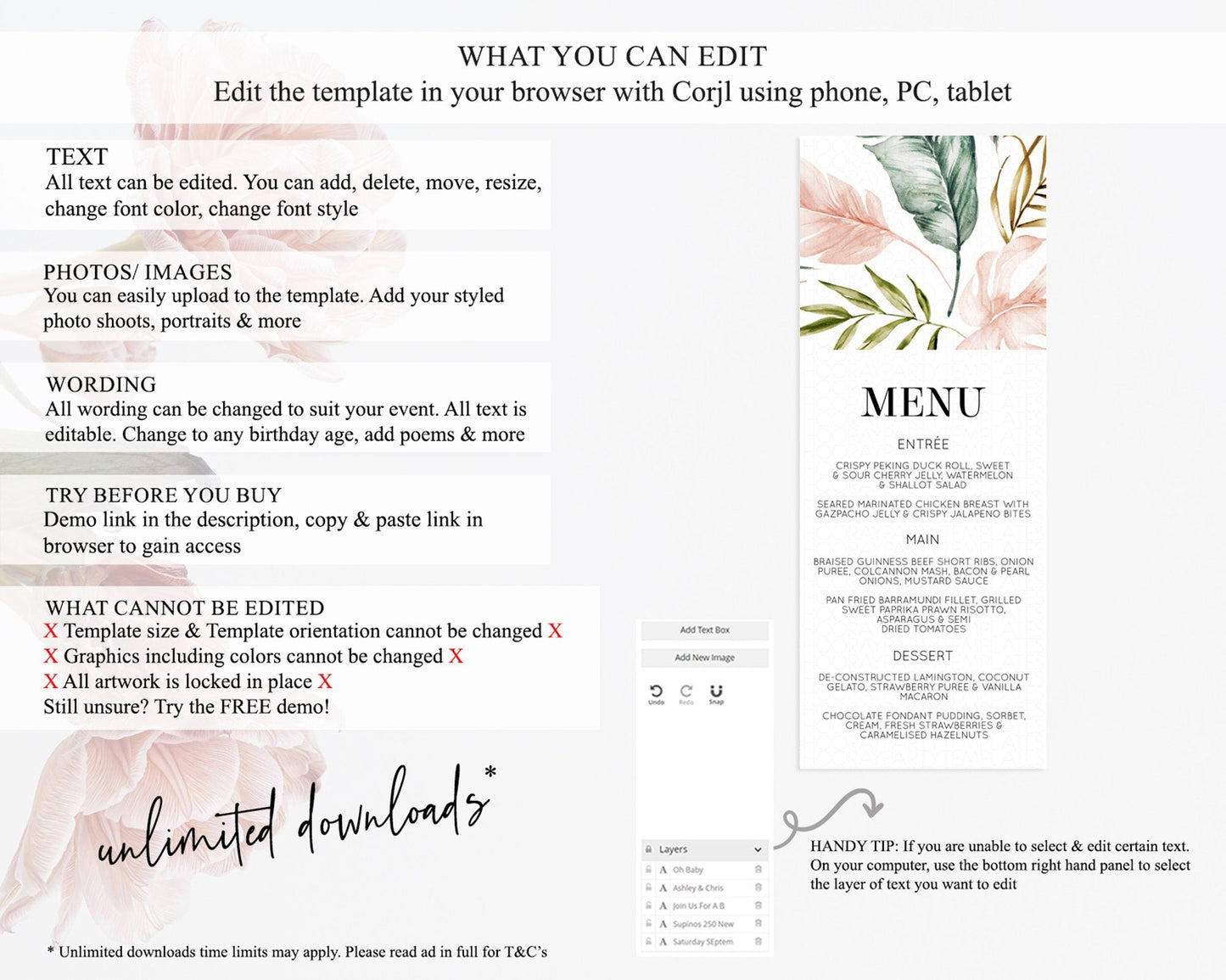 Tropical Menu Template Tropical Menu Palm Leaf Fern Table Decor Frangipani Floral White Orchid Dinner Dessert Menu Party Food Menu D11064
