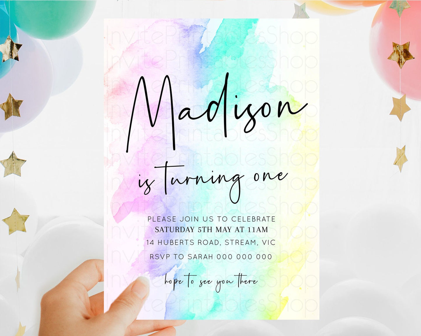 Rainbow Birthday Invitation Colorful Pastel Watercolor Invitation Gold Glitter Sprinkles Ombre Pastel 1st 2nd 3rd Birthday D10231