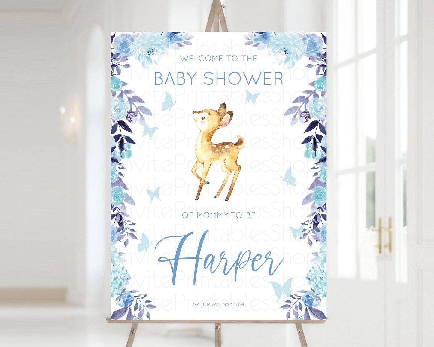 Fawn Baby Shower Welcome Sign Deer Welcome Board Floral Deer Welcome Poster Enchanted Forest Butterfly Pastel Floral Welcome Sign D10917