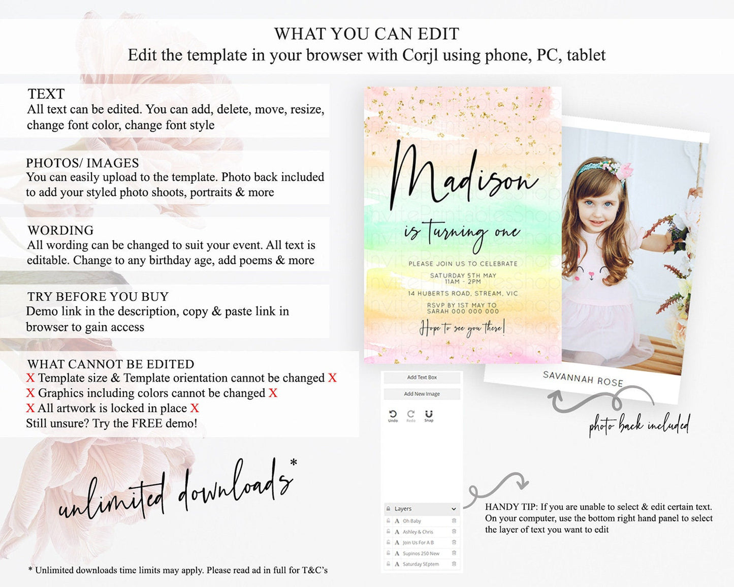 Rainbow Birthday Invitation Colorful Pastel Watercolor Invitation Gold Glitter Sprinkles Ombre Pastel 1st 2nd 3rd Birthday D10591