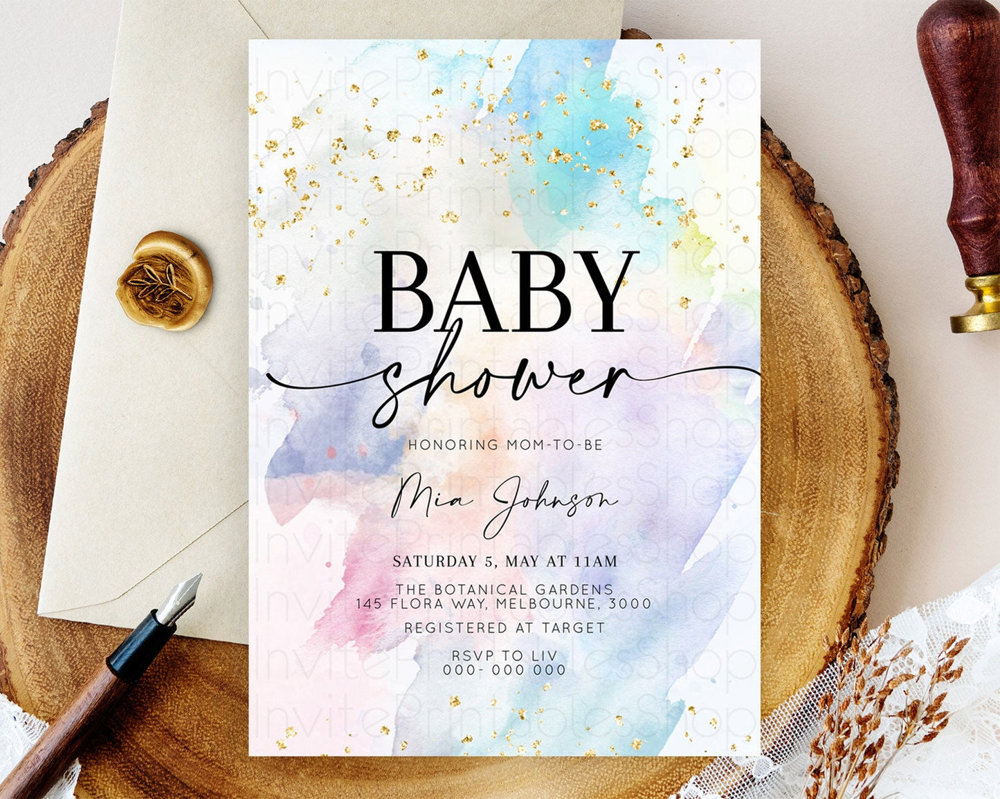 Pastel Baby Shower Invitation Rainbow Baby Shower Invitation Colorful Pastel Watercolor Invitation Gold Glitter Sprinkles Ombre D10420