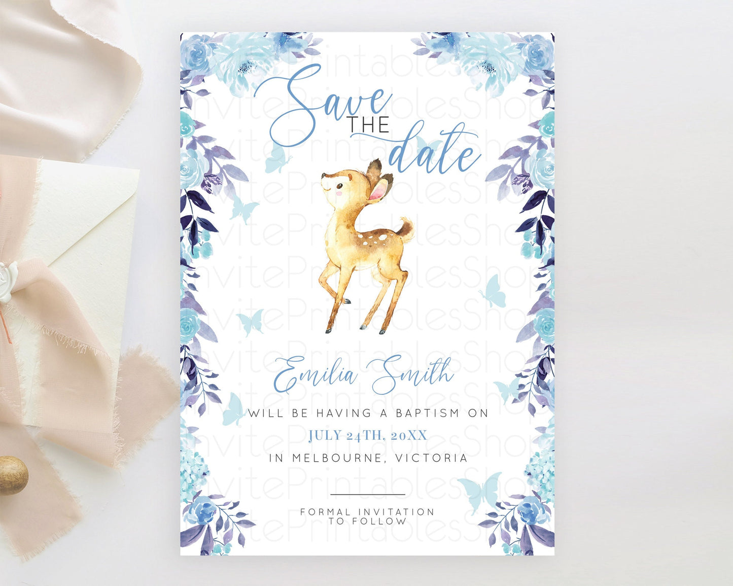 Fawn Deer Save The Date Template Pastel Floral Deer Enchanted Forest Butterfly Party 1st Birthday Baptism Baby Shower Bridal Shower D10917