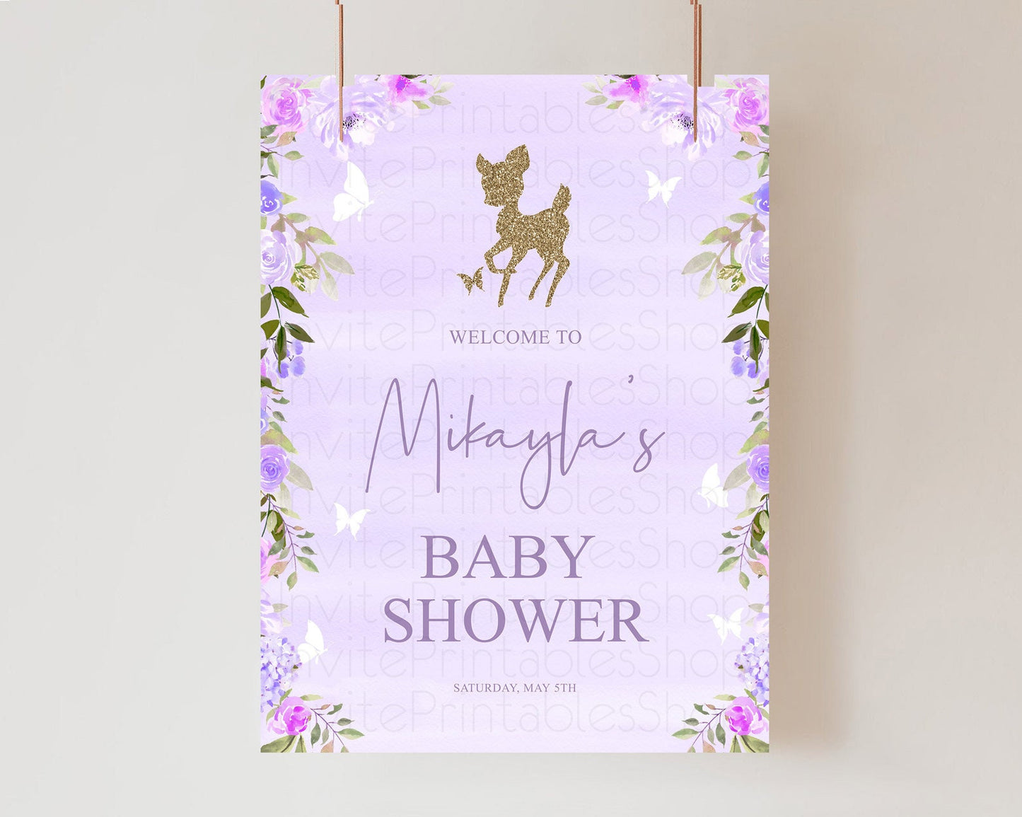 Fawn Baby Shower Welcome Sign Deer Welcome Board Floral Deer Welcome Poster Enchanted Forest Butterfly Pastel Floral Welcome Sign D10963