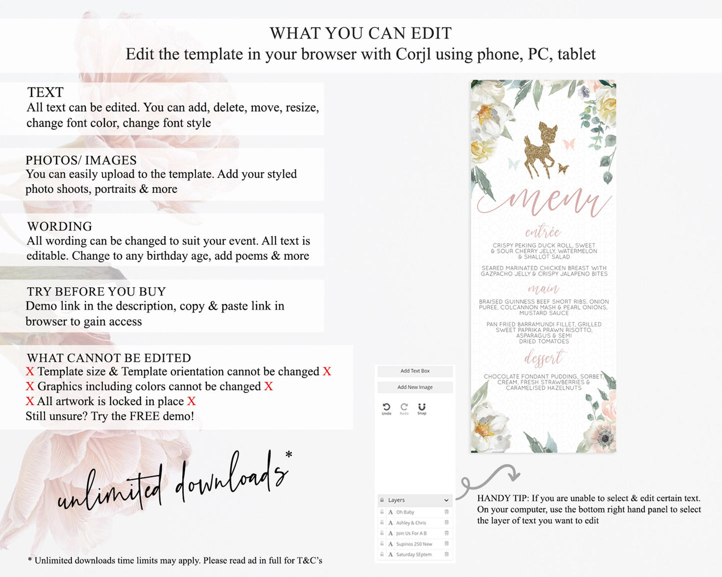 Fawn Menu Deer Menu Template Pastel Floral Deer Table Decor Enchanted Forest Butterfly Floral Dinner Dessert Menu Party Food Menu D10120