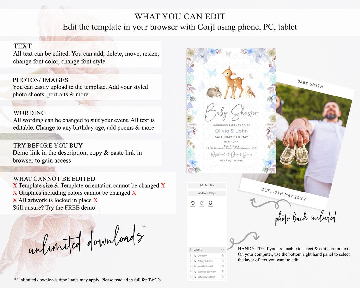 Enchanted Forest Baby Shower Invitation: Fawn, Butterflies, Pastel Blue Grey Flowers, Floral - Woodland Gender Reveal, Secret Garden D10929