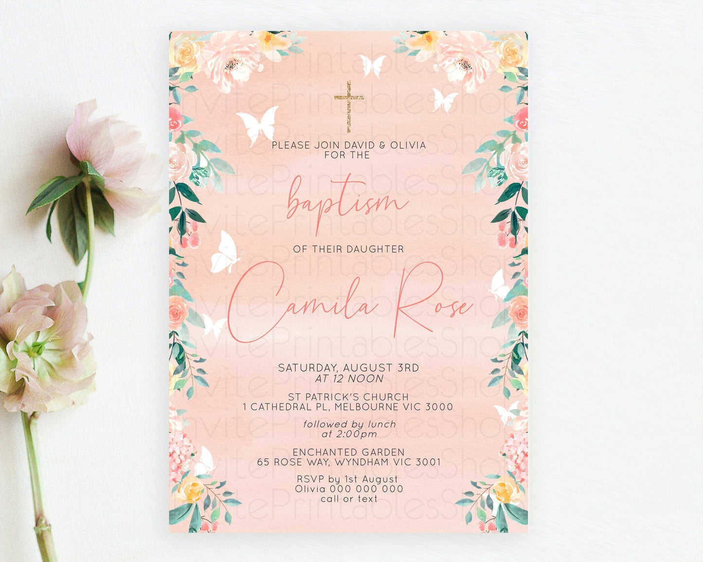 Secret Garden Baptism Invitation Wildflower Baptism Birthday Invite Pastel Flowers Christening Invite Enchanted Garden Boho Floral D10245