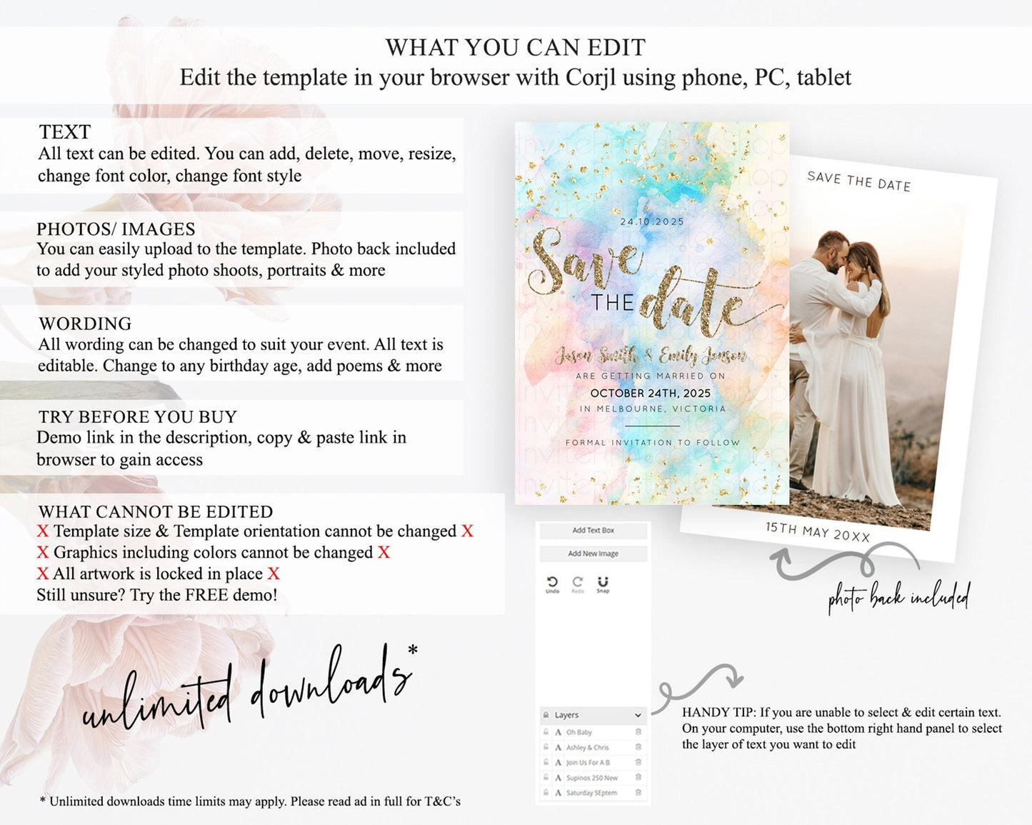 Pastel Save The Date Template Pastel Ombre Rainbow Watercolor Colorful Party For Birthday Baptism Baby Shower Wedding Bridal Shower D10261