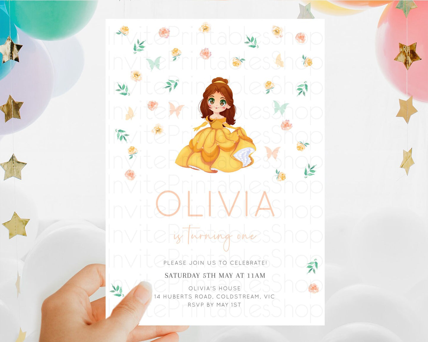 Princess Birthday Invitation Castle Invitation Royal Birthday Fairy Tale Enchanted Castle Pastel Floral Garden 1st First Birthday D10890