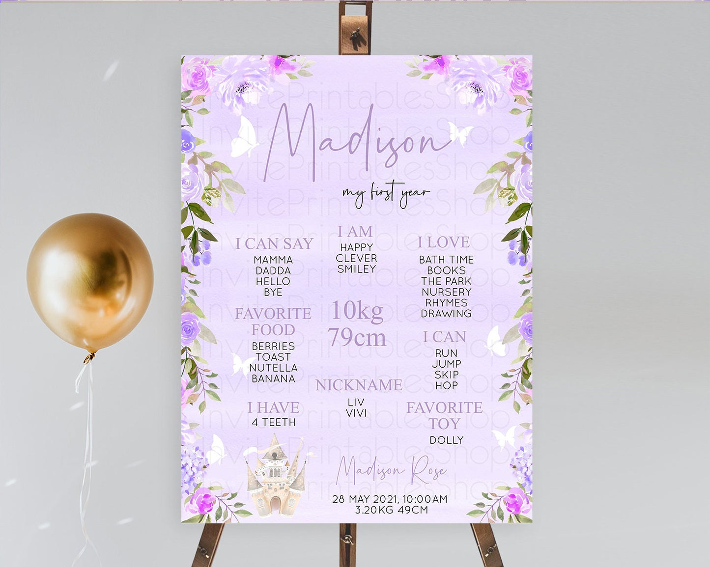 Princess First Birthday Milestone Poster Castle Milestone Board Secret Garden Enchanted Castle Pastel Floral Garden First Birthday D10339