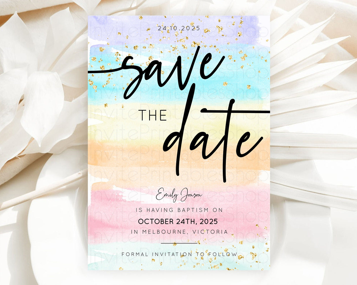 Pastel Save The Date Template Pastel Ombre Rainbow Watercolor Colorful Party For Birthday Baptism Baby Shower Wedding Bridal Shower D10505