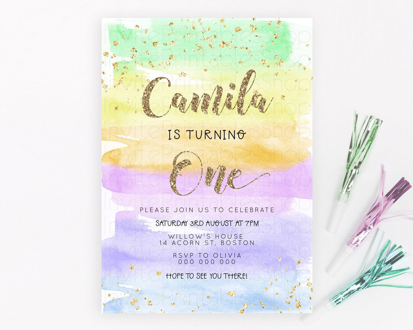 Rainbow Birthday Invitation Colorful Pastel Watercolor Invitation Gold Glitter Sprinkles Ombre Pastel 1st 2nd 3rd Birthday D23275