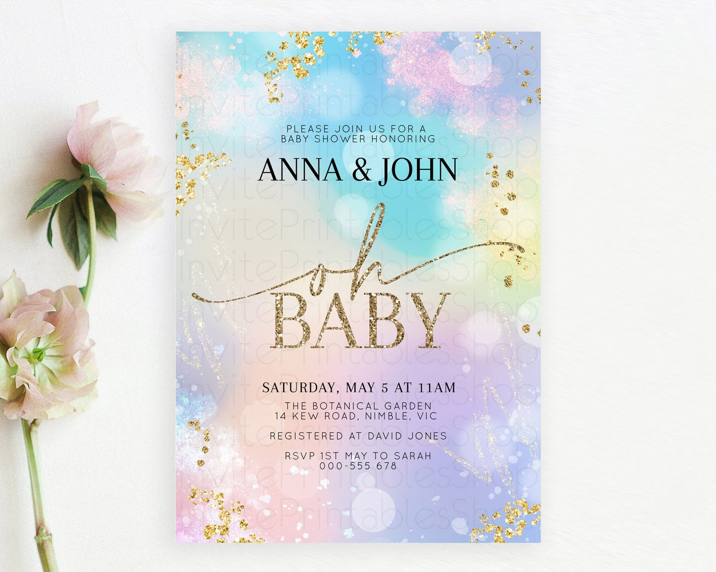 Pastel Baby Shower Invitation Rainbow Baby Shower Invitation Colorful Pastel Watercolor Invitation Gold Glitter Sprinkles Ombre D10675