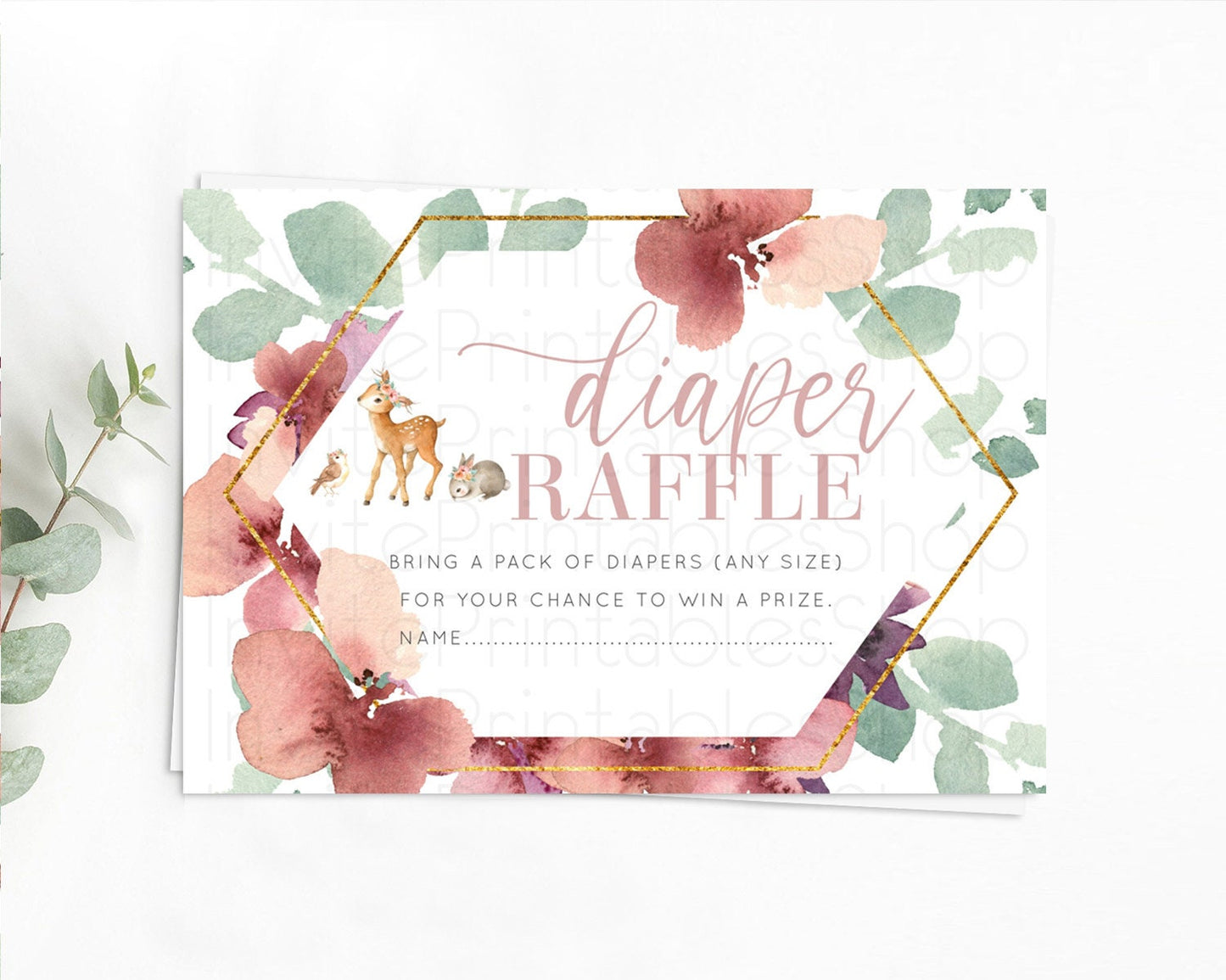 Fawn Diaper Raffle Card Deer Diaper Insert Floral Deer Diaper Ticket Enchanted Forest Butterfly Pastel Baby Shower Raffle Game D10913