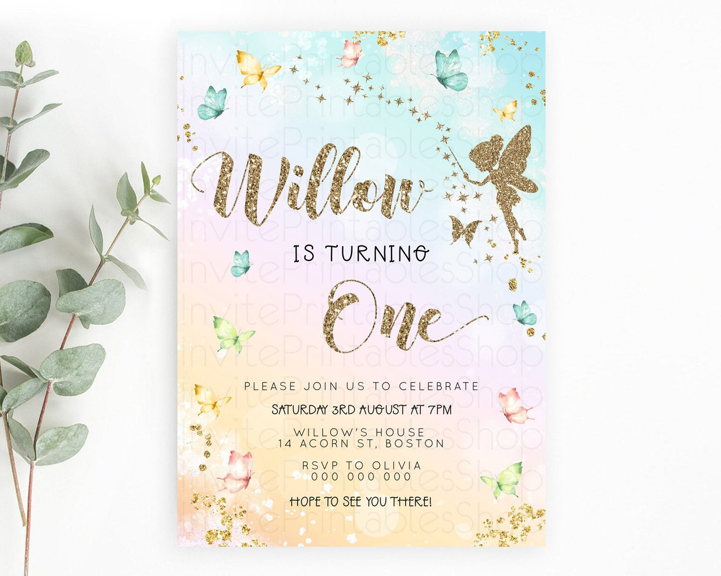 Pastel Fairy Birthday Invitation Pastel Butterflies Fairy Birthday Invitation Rainbow Ombre Watercolor 1st 2nd Birthday Invitation D23152