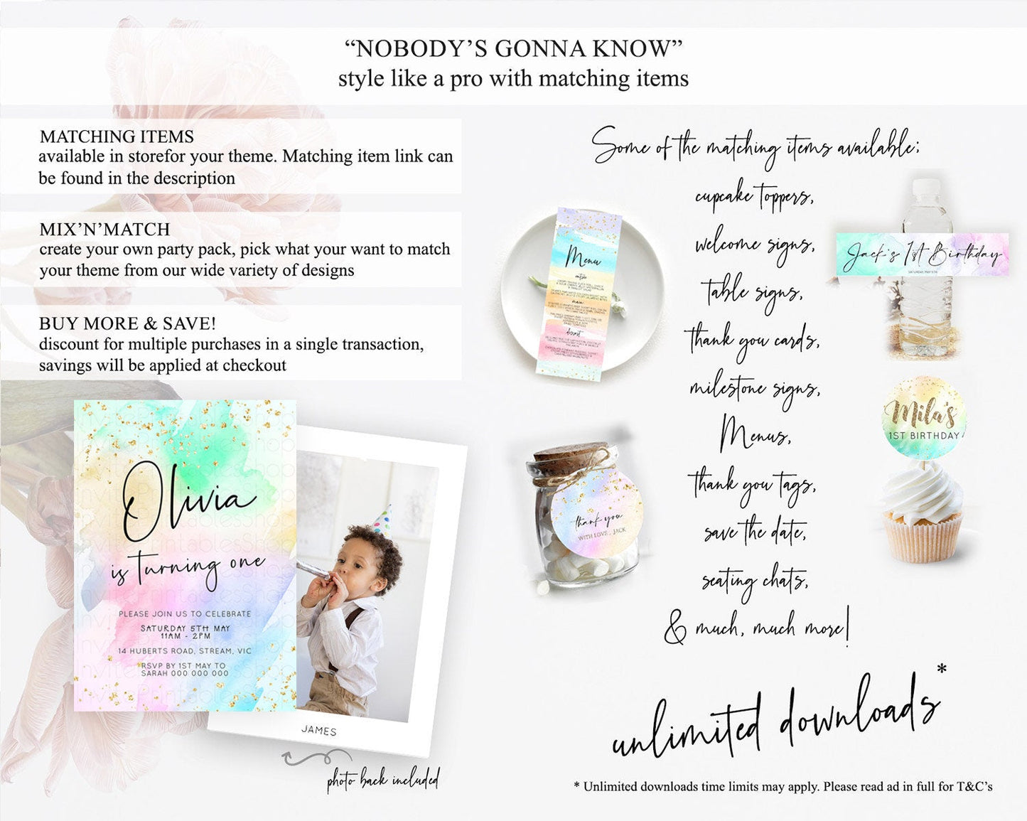 Pastel Birthday Invitation Ombre Watercolor Birthday Invitation Glitter Rainbow Color Splash 1st 2nd 3rd Birthday Invitation D23075