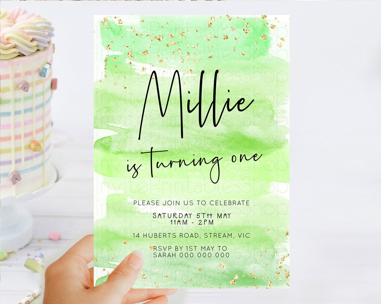 Green Birthday Invitation green Watercolor Invitation Pastel green Watercolor Invitation green Splash Gold Invitation First Birthday D23050