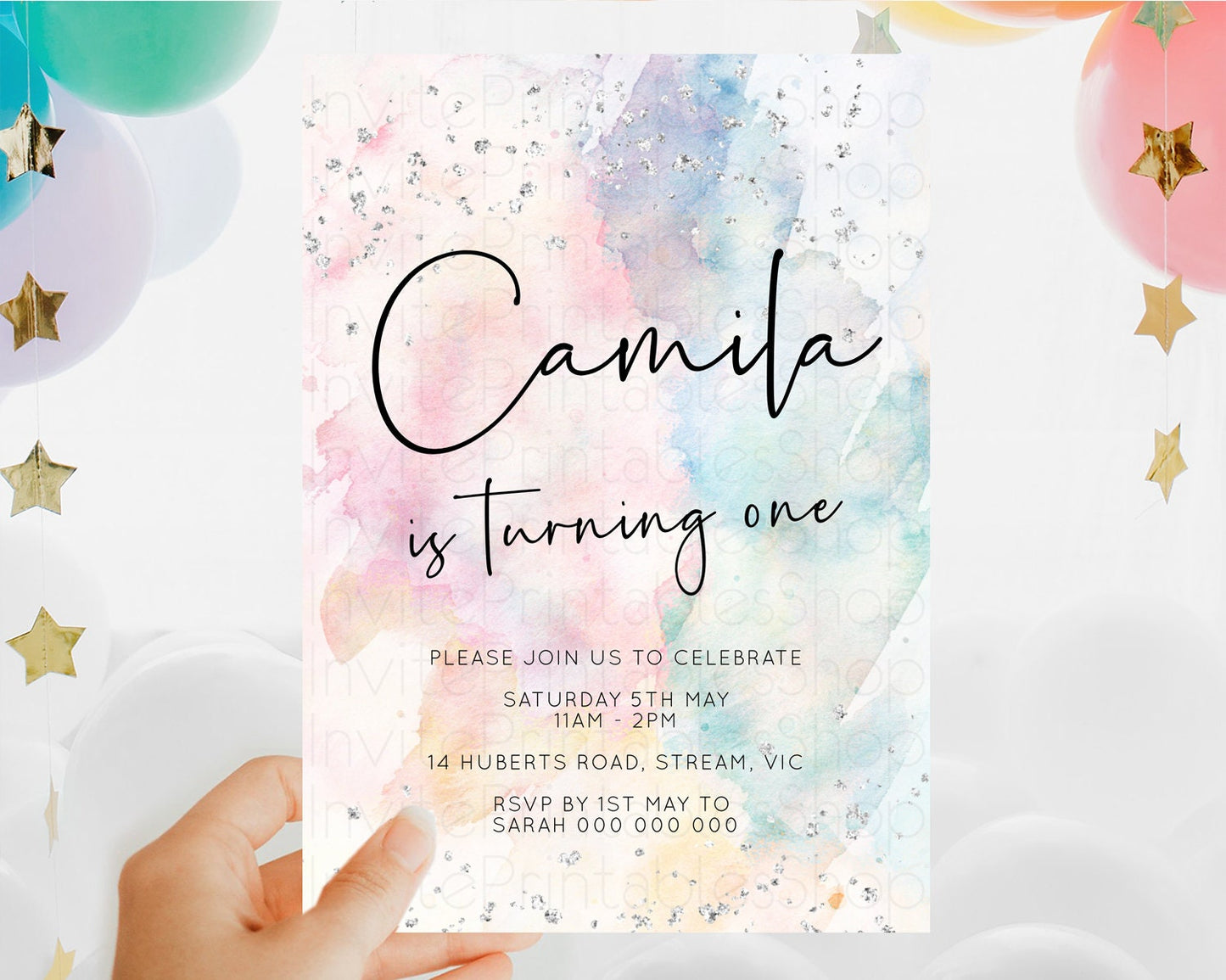 Rainbow Birthday Invitation Colorful Pastel Watercolor Silver Glitter Sprinkles Ombre Pastel Invitation 1st 2nd 3rd First Birthday D10945