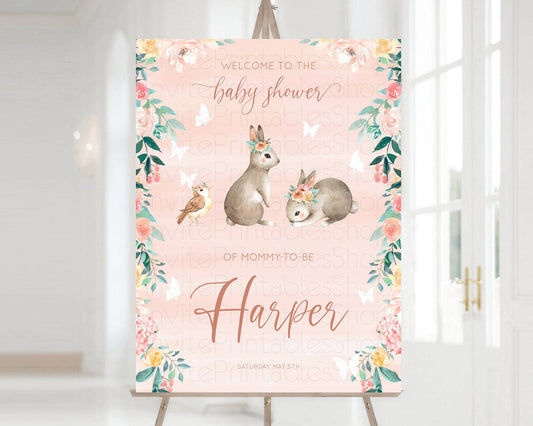 Bunny Baby Shower Welcome Sign Floral Bunny Welcome Board Pastel Flowers Woodland Bunny Welcome Poster Forest Bunny Welcome Sign D10922