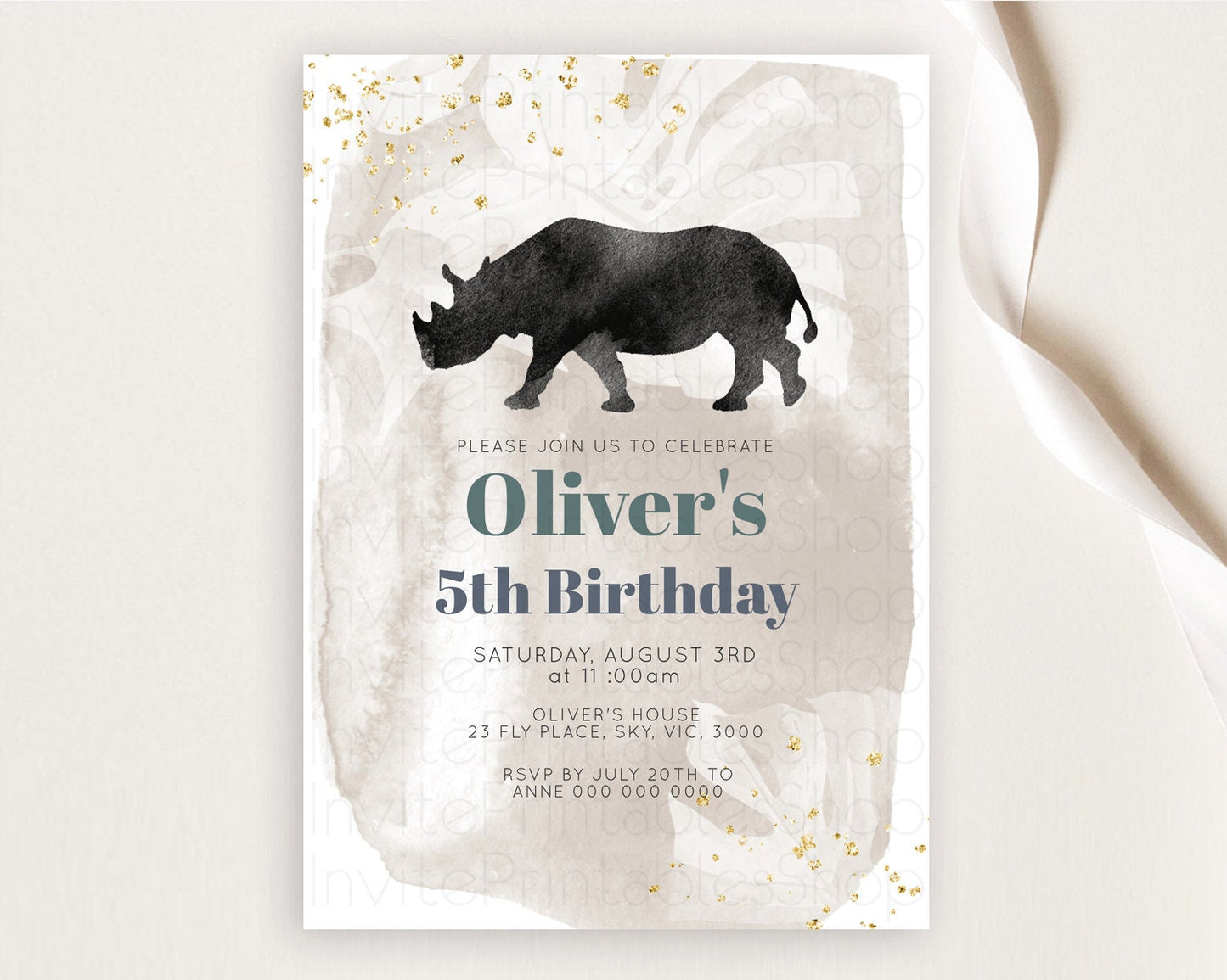 Rhino Birthday Invitation Rhino Invitation Rhino Birthday Rhino Safari Adventure Invite Rhino Palm Leaf Invite Zoo Party D10336