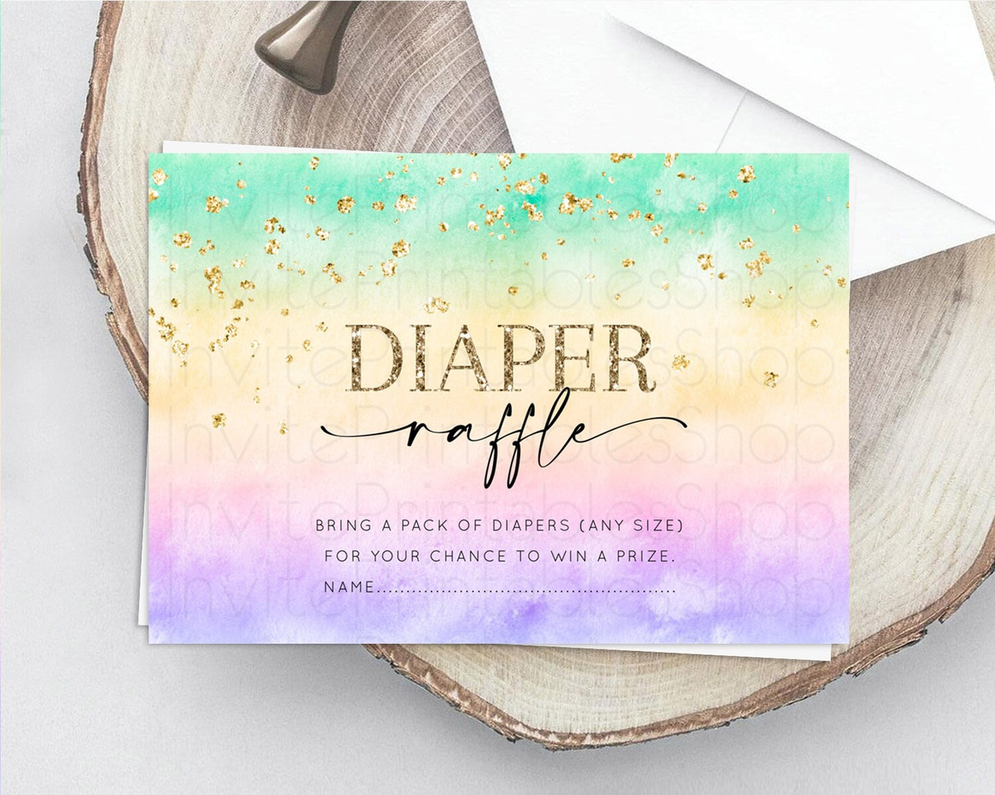 Pastel Diaper Raffle Card Pastel Rainbow Diaper Raffle Insert Colorful Ombre Watercolor Diaper Ticket Confetti Glitter Raffle Game D10481