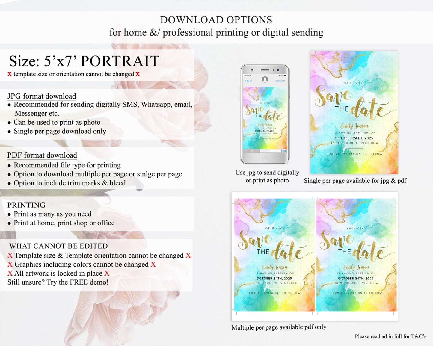 Pastel Save The Date Template Pastel Ombre Rainbow Watercolor Colorful Party For Birthday Baptism Baby Shower Wedding Bridal Shower D10392