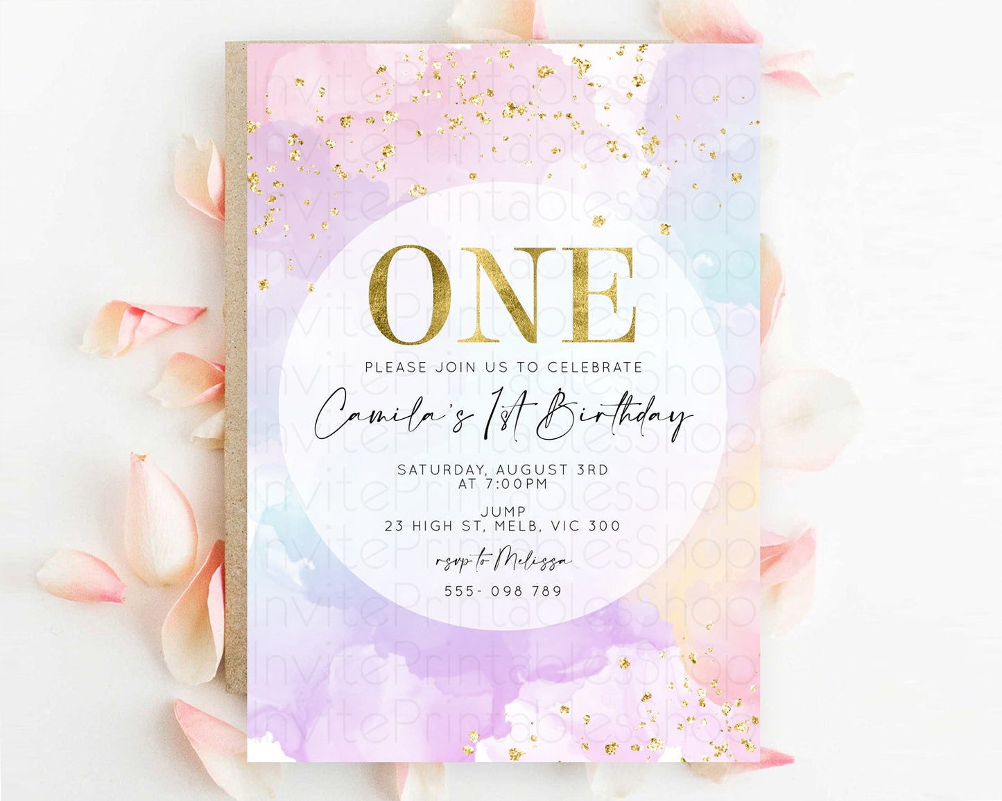 Rainbow Birthday Invitation Colorful Pastel Watercolor Invitation Gold Glitter Sprinkles Ombre Pastel 1st 2nd 3rd Birthday D10623