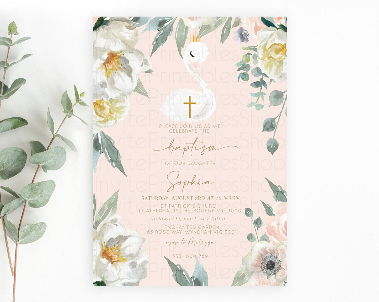 Swan Lake Baptism Invitation Swan Princess Ballet Baptism 1st Birthday Enchanted Forest Secret Garden Watercolour Pastel Floral D10115