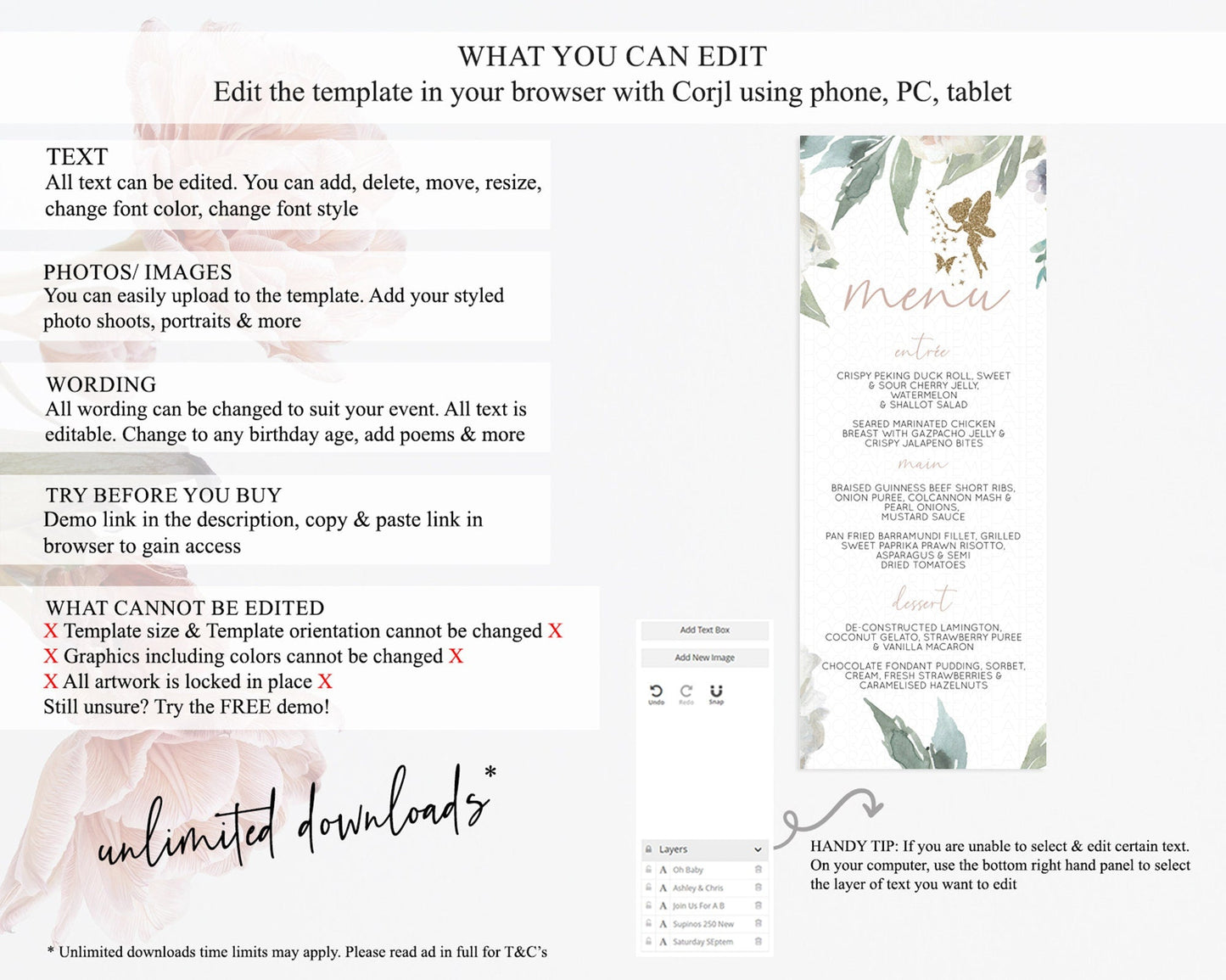 Fairy Menu Fairy Menu Template Enchanted Garden Pastel Floral Butterfly Table Decor Fairy Secret Garden Dinner Dessert Food Menu D10800