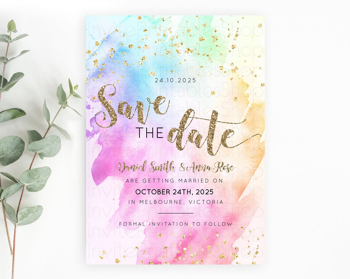 Pastel Save The Date Template Pastel Ombre Rainbow Watercolor Colorful Party For Birthday Baptism Baby Shower Wedding Bridal Shower D10450