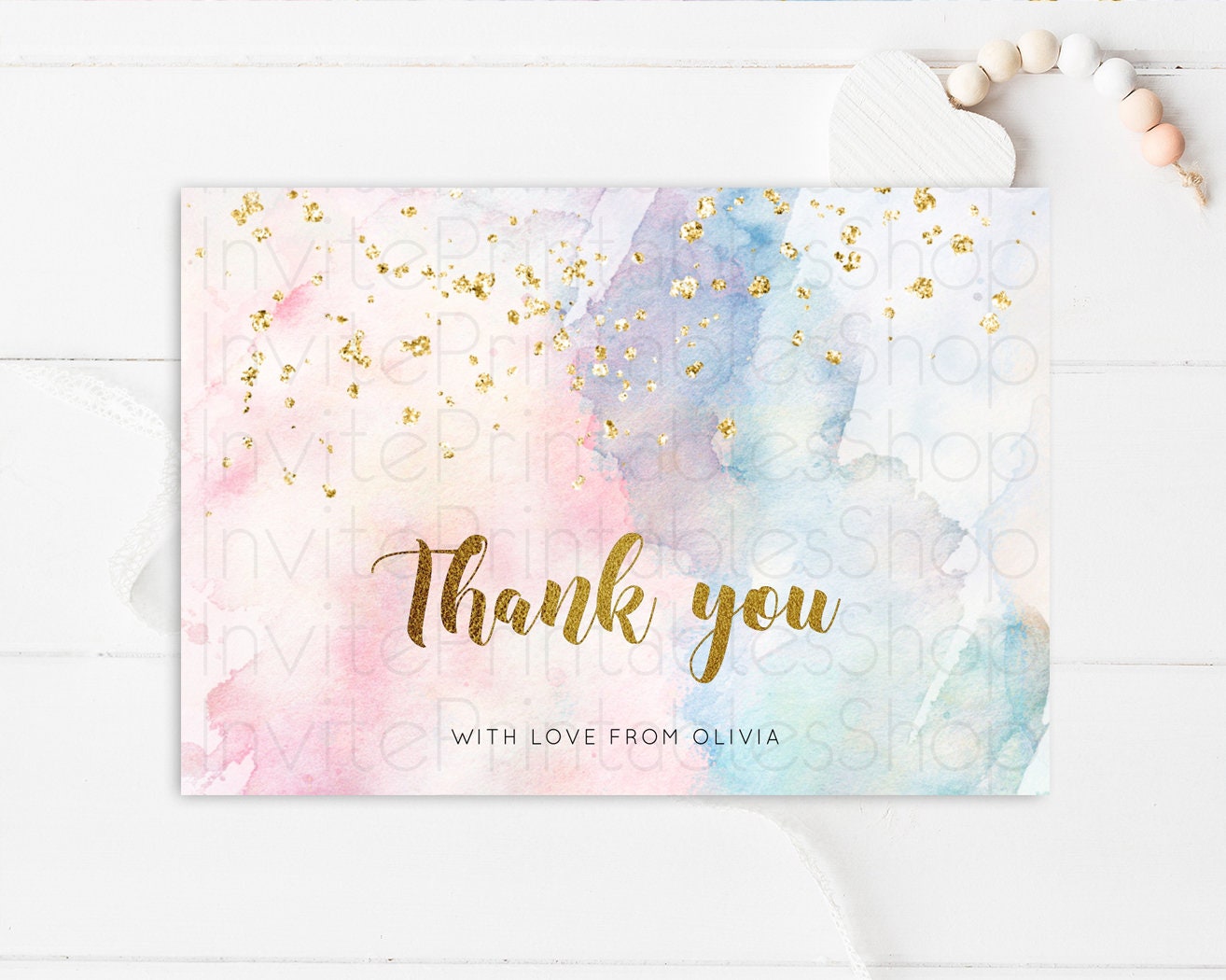 Pastel Rainbow Thank you Colorful Watercolor Gift Cards Splash Gold Glitter Card Birthday Engaged Baby Shower Wedding Folded/ Postcard 276