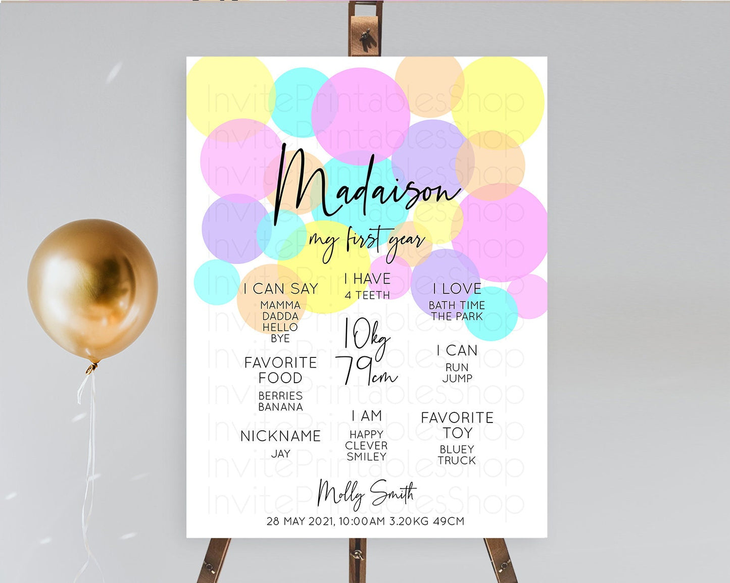 Pastel First Birthday Milestone Poster Pastel Rainbow Confetti First Birthday Milestone Board Colorful Bubbles Birthday Welcome Sign D10407
