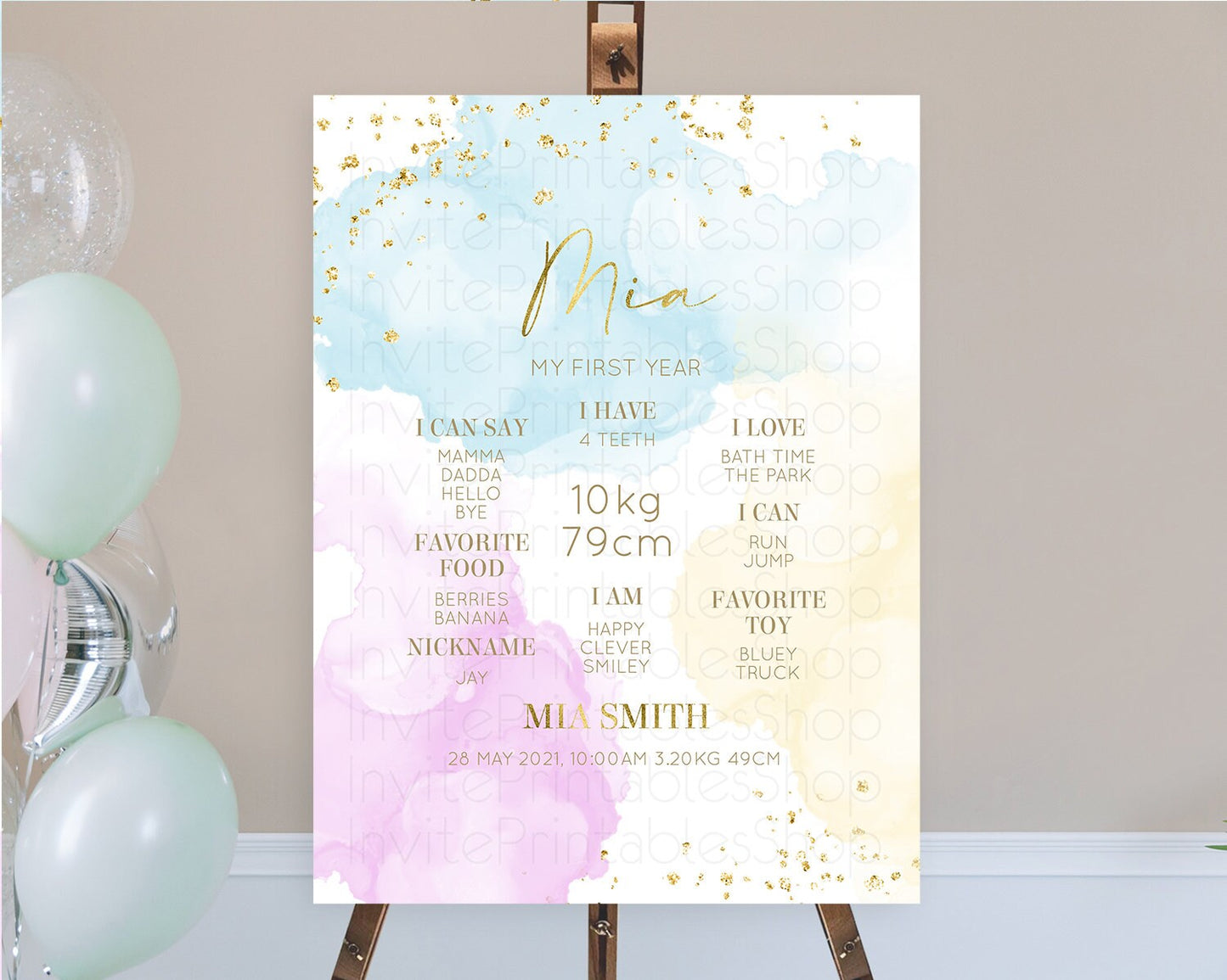 Pastel First Birthday Milestone Board Pastel Rainbow Milestone Poster Colorful Confetti Watercolor Glitter 1st Birthday Welcome Sign D10204