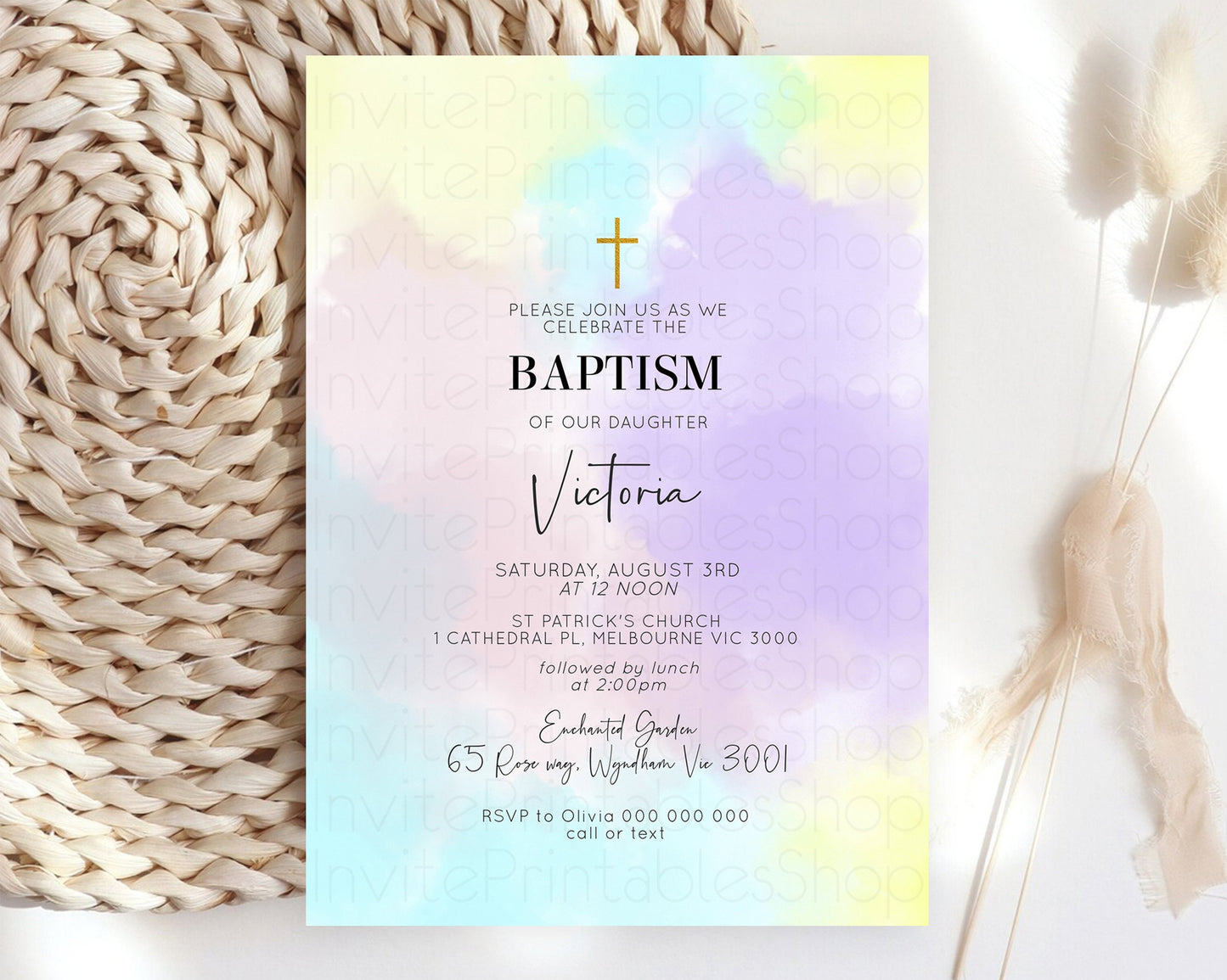 Pastel Baptism Invitation Rainbow Christening Invitation Holy Communion Invite Baptism 1st Birthday Sprinkles Ombre Watercolor Splash 595