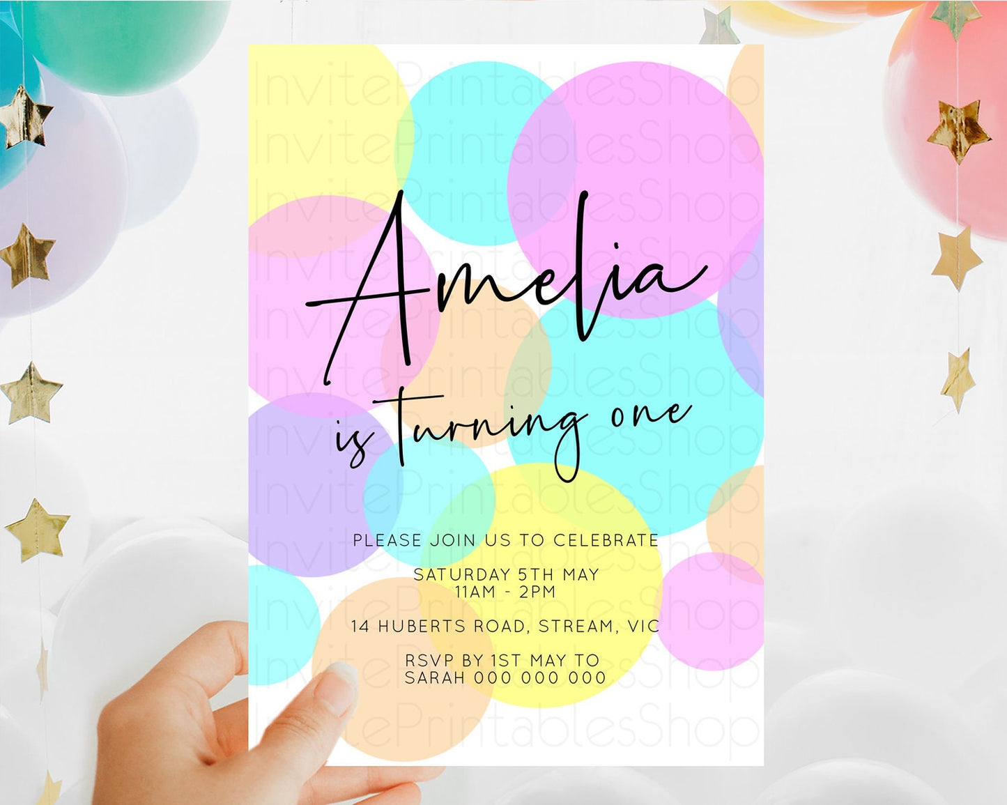 Pastel Birthday Invitation Pastel Confetti Birthday Invitation Bubbles Invitation Colorful Rainbow Confetti 2nd 1st First Birthday D10406